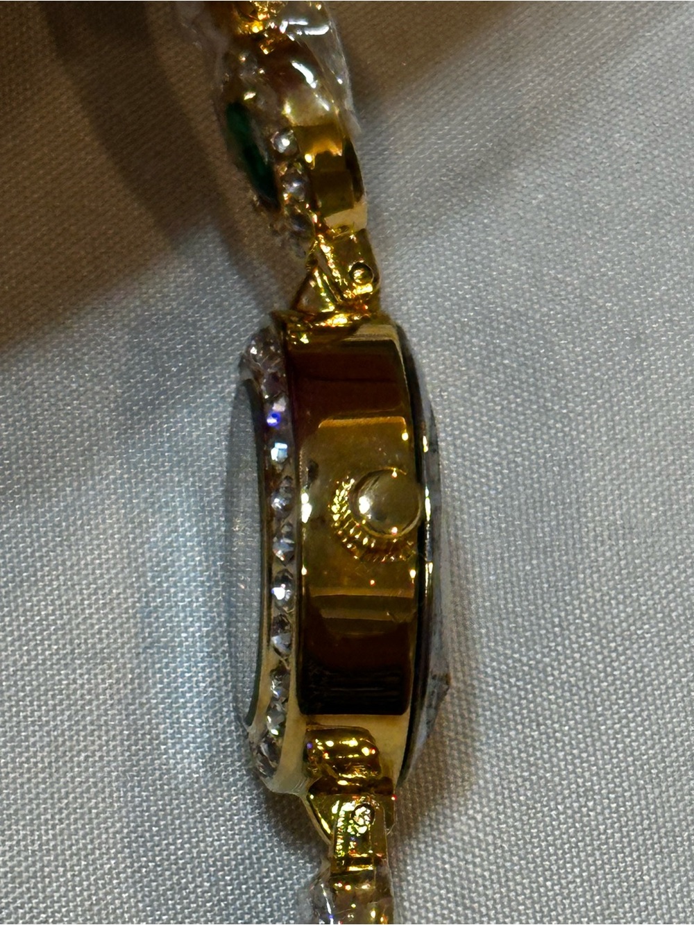Vintage Inspired Dainty Gold-Tone Ladies Bracelet Watch with Green Stone Accents - Picture 13 of 14